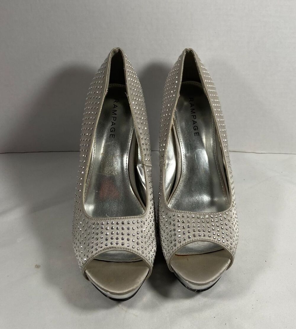 Rampage Womens Champagne Rhinestone Peep Toe Platform Heels Pumps 10 US